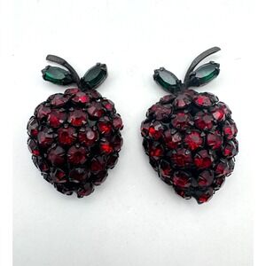 Vintage  Strawberry Earrings Fruit Clip On Red Rhinestone Black Metal